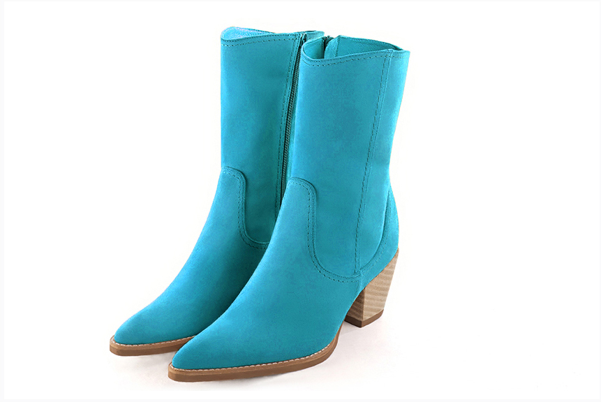 Turquoise blue women's ankle boots with a zip on the inside. Tapered toe. Medium cone heels. Front view - Florence KOOIJMAN